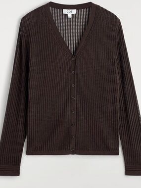 COS Dark Brown Ribbed V-Neck Button-Up Cardigan (with scarf to match